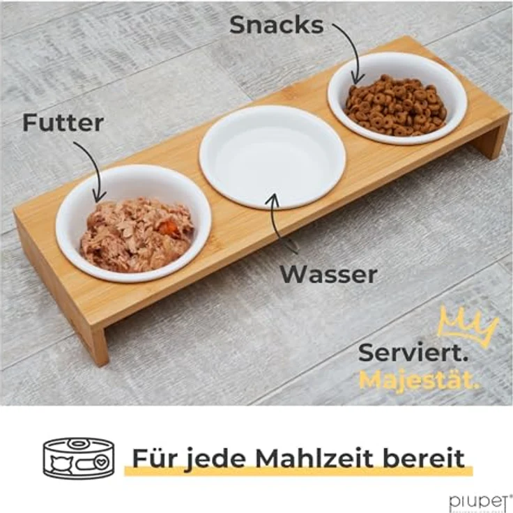 PiuPet 3er Katzennapf Set, Keramikfressnäpfe mit Bambus-Napferhöhung, 250ml, rutschfest und spülmaschinenfest – Bild 2