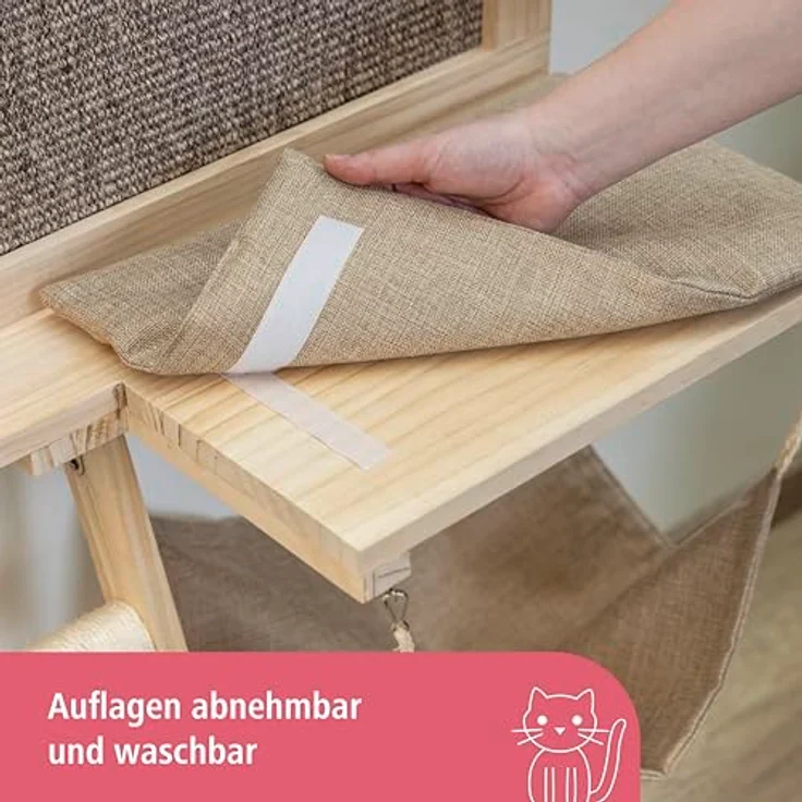 Kerbl Pet Liegebrett Timber, braun, 58x89 cm, stilvolle Wandmontage mit abnehmbarem Kissen und Sisal-Kratzmatte – Bild 2