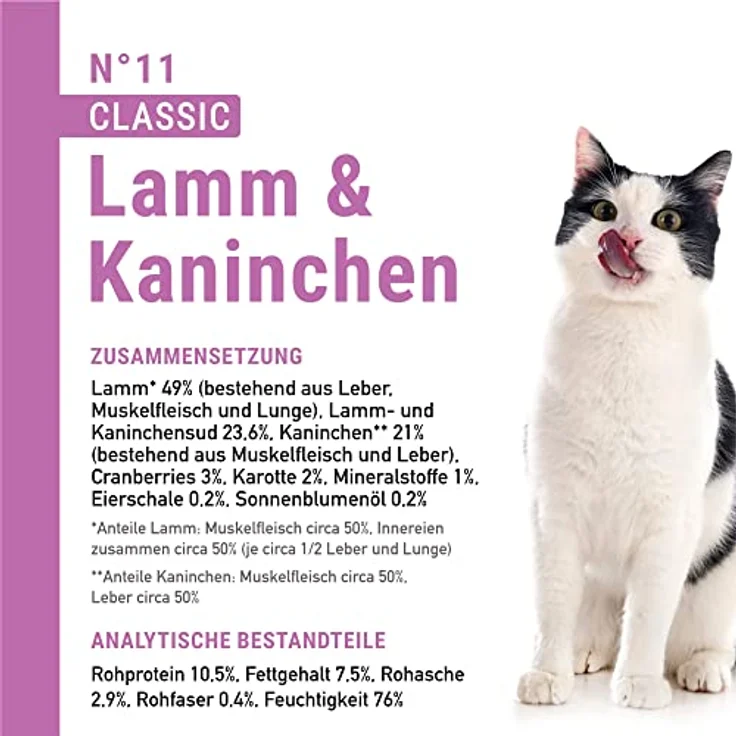 catz finefood N° 11 Lamm & Kaninchen Feinkost Katzenfutter, nass, 49% Lamm, 21% Kaninchen, verfeinert mit Cranberries & Karotte, 6 x 800g Dosen – Bild 5