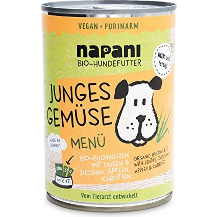 napani Veganes Hundefutter, Premiumqualität mit jungem Gemüse, Buchweizen & Linsen, purinarm, 400g Dose – Bild 1