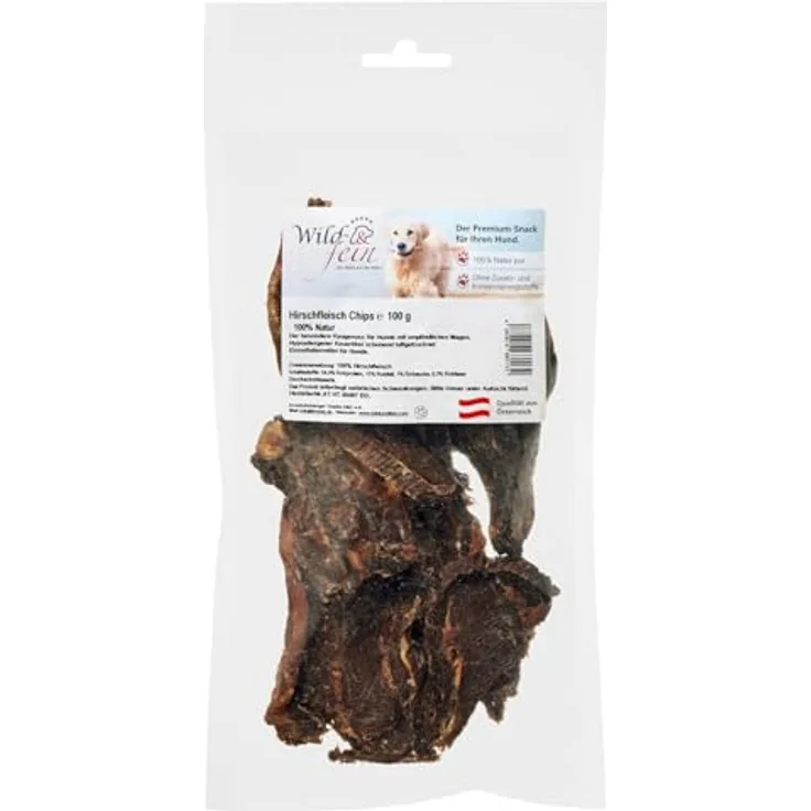 Wild & Fein Hirschfleisch Chips, 100 g, fettarmer und hypoallergener Hundekauartikel für empfindliche Hunde