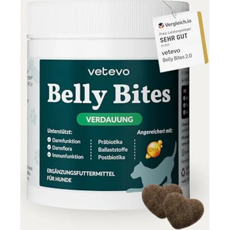 vetevo Belly Bites 2.0, Verdauungssnacks für Hunde mit Flohsamenschalen, Heilmoor & Probiotika, zur Unterstützung der Darmflora, mit Ente – 300 g Dose