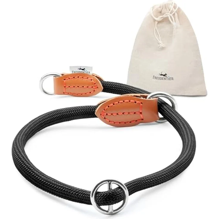 FREUDENTIER Zugstopp Halsband für Hunde, extra starker Zugstop, robustes Nylon und Echtleder, Schwarz, XL – Bild 1