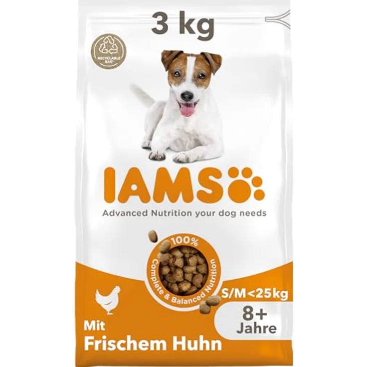 IAMS Senior Hundefutter, Trockenfutter mit Huhn für ältere Hunde ab 8 Jahren, geeignet für kleine und mittelgroße Hunde, 3 kg, weizenfrei, mit Omega 3 und 6 – Bild 1