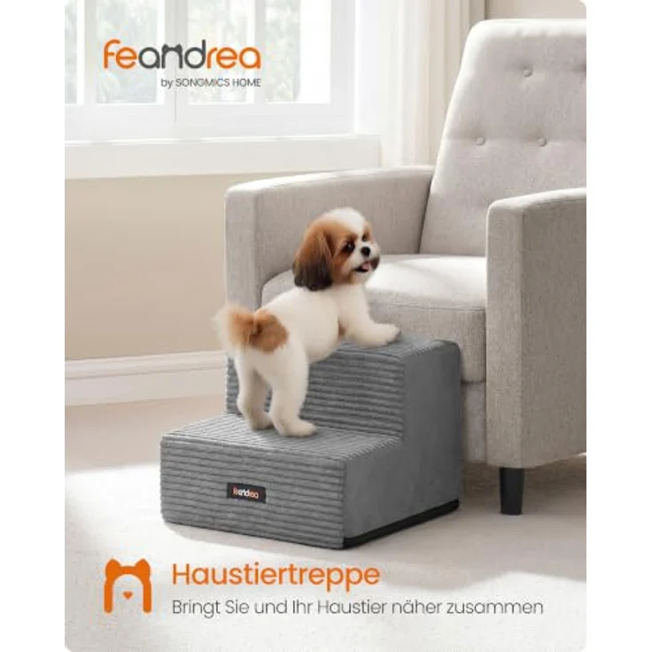 Feandrea Hundetreppe, 2 Stufen Katzentreppe für Kleine Hunde, Hochdichter Schaumstoff, 30 x 38 x 28 cm, Ruhiges Grau, Waschbar und Wasserdicht, Antirutsch-Oberfläche, Baddi Kollektion PPS022GD01 – Bild 2