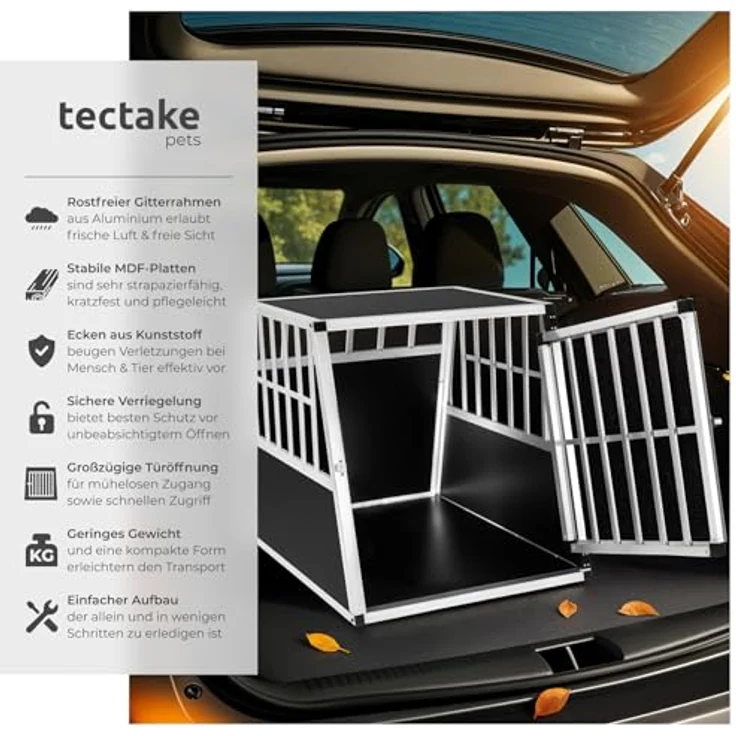 tectake® Hundebox Auto, Aluminium Transportbox mit schräger Rückwand, leicht und stabil, für Kombifahrzeuge, 66x90x69,5cm – Bild 2
