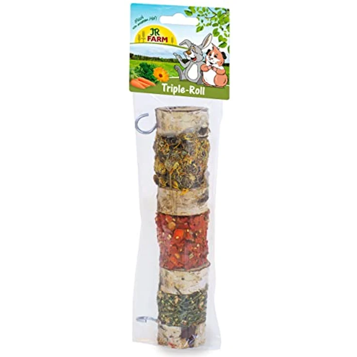 JR FARM Triple-Roll 160 g, Kleintierfutter aus 100 % Naturholz mit knackigen Saaten, Petersilie, Karotten und Ringelblumenblüten – Bild 1