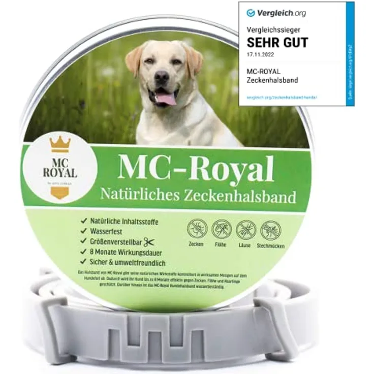 MC-Royal® Zeckenhalsband für Hunde, wasserdicht und verstellbar, effektiver Schutz vor Ungeziefern, 62 cm, 100% natürliche Inhaltsstoffe, bis zu 8 Monate Zeckenschutz