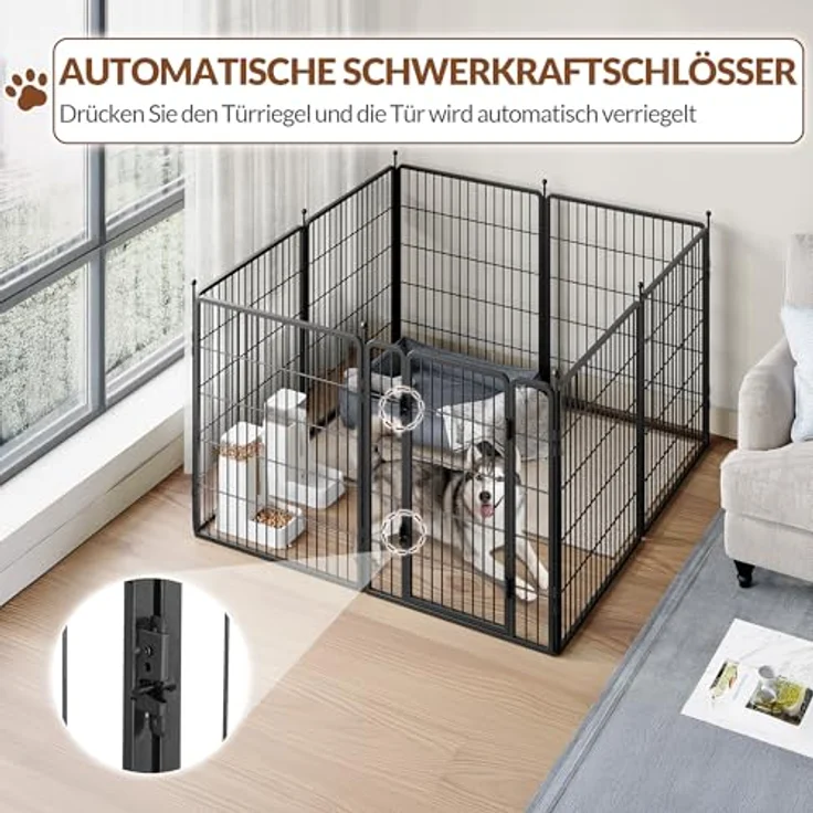 Fobyfurny Welpenauslauf Hundezaun Hundelaufstall, 80 cm Hoch, Schwarz, mit Bodenbündiger Komforttür und Doppelem Verriegelungsschutz – Bild 4