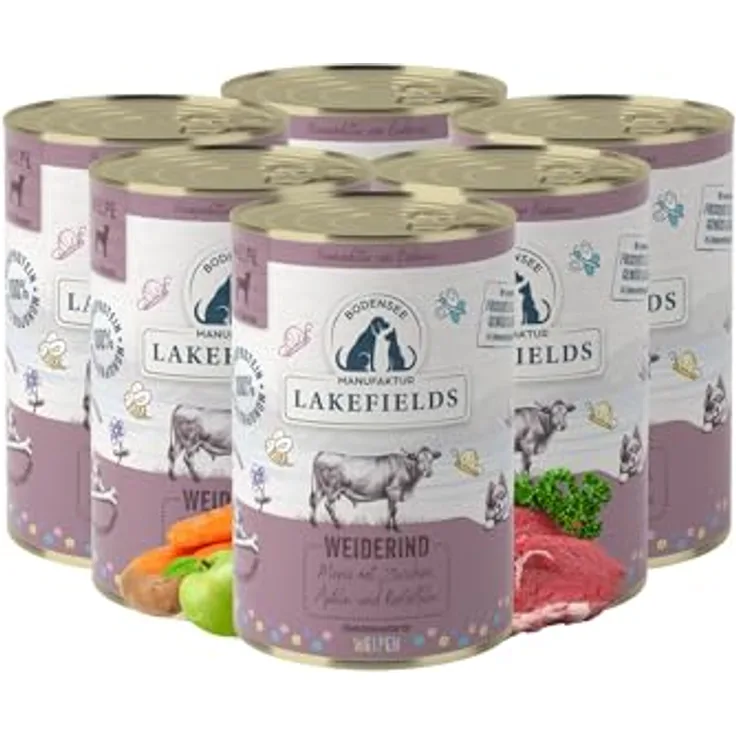 Lakefields Premium Welpenfutter Nass, Rind 61%, 6 x 400g, getreidefreies Hundefutter mit natürlichen Lebensmitteln, Äpfel, Zucchini & Karotten, schonend gegart
