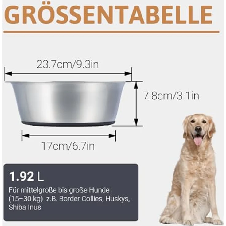 PEGGY11 Hundenapf Edelstahl, 2er Set mit rutschfestem Silikonboden, 1920 ml für große Hunde - Fressnapf & Wassernapf – Bild 2