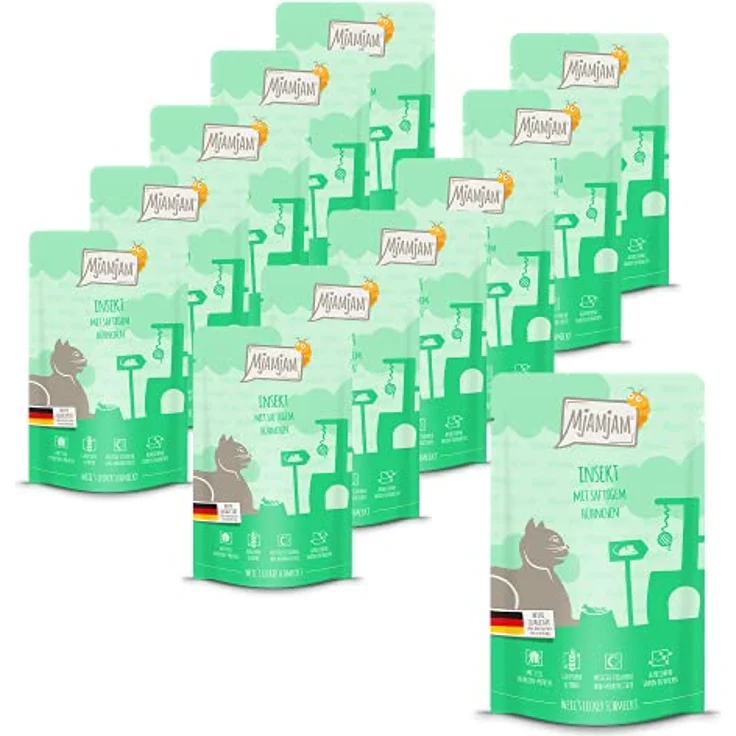 MjAMjAM Premium Nassfutter für Katzen - Quetschie mit Insektenprotein und saftigem Hähnchen, 12er Pack (12 x 125g), getreidefrei – Bild 1
