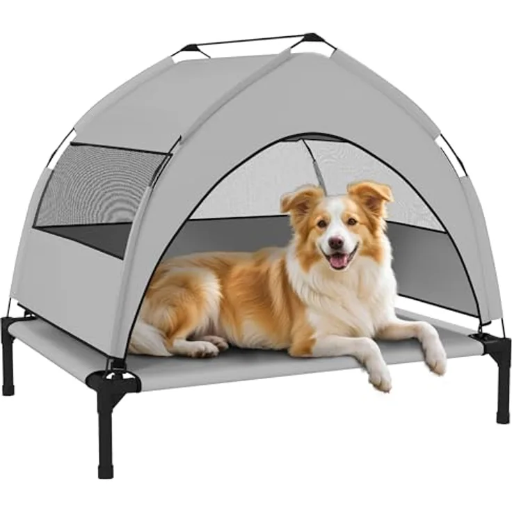 PawHut Hundeliege Outdoor mit Dach, erhöhtes Hundebett für mittelgroße Hunde, atmungsaktiv und kühlend, 76x61x70cm, Hellgrau