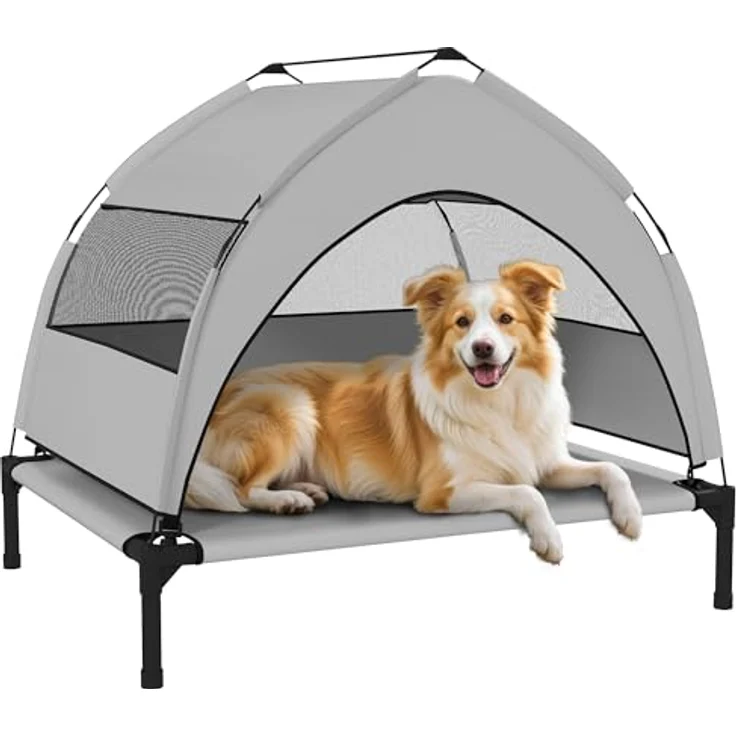 PawHut Hundeliege Outdoor mit Dach, erhöhtes Hundebett für mittelgroße Hunde, atmungsaktiv und kühlend, 76x61x70cm, Hellgrau – Bild 1