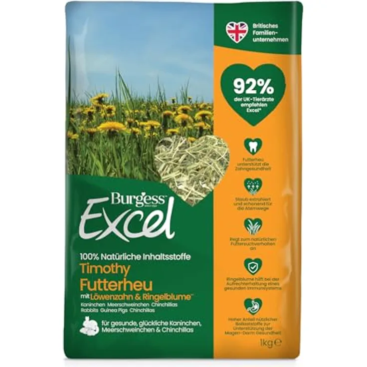 Burgess Excel Futterheu mit Löwenzahn & Ringelblume, hochwertiges Timothy-Heu für Kaninchen, Meerschweinchen & Chinchillas, 1kg, 100% natürliche Zutaten
