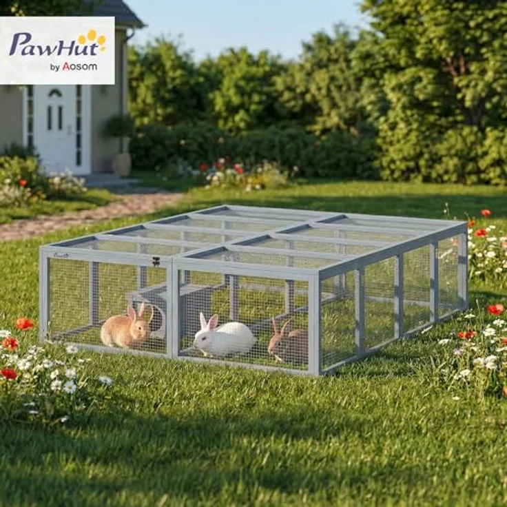 PawHut Kleintierstall Kaninchenstall für 2-4 Zwergkaninchen, Holz mit 2 Türen und Unterstand, 180,4 x 150 x 48 cm, Grau – Bild 2