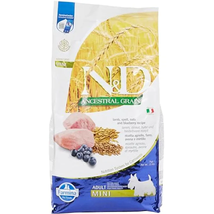 Farmina N&D ANCESTRAL Grain Pellets Hundefutter, Trockenfutter mit Lamm, Dinkel, Hafer und Blaubeere, 7 kg, reich an Vitaminen und Antioxidantien, ohne Mais