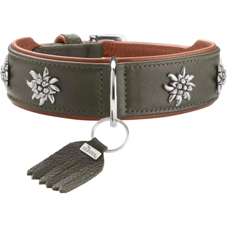 HUNTER Hundehalsband MÜNCHEN, grün/Cognac, Leder, fellschonend, Größe 50, Made in Germany – Bild 1
