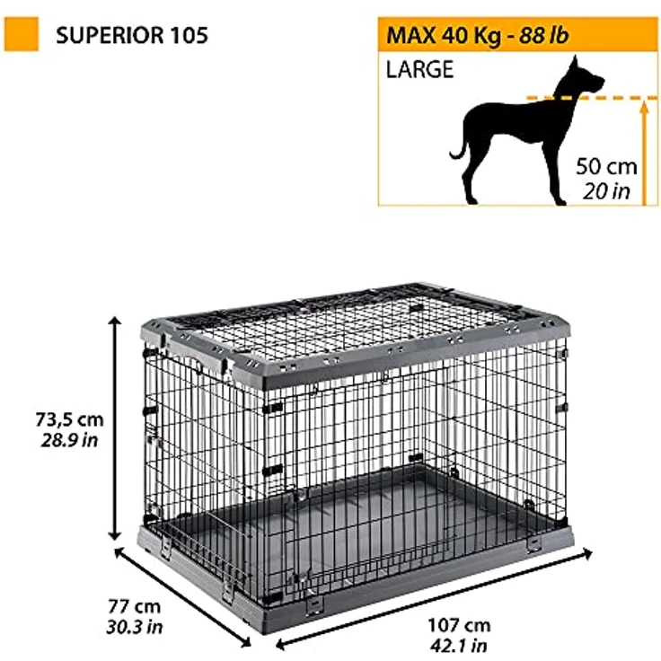 Ferplast Transportbox Superior, faltbare Hunde-Transportbox mit doppeltem Sicherheitsschloss, grau, B 107 x T 77 x H 73,5 cm – Bild 2