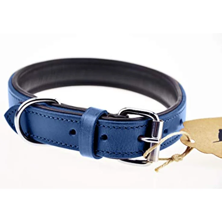 Schnüffelfreunde Lederhalsband für Hunde, handgenähtes, gepolstertes und robustes Hundehalsband in Blau, Größe L (36-45 cm) – Bild 4