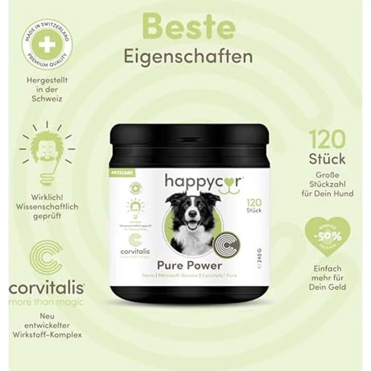 happycor® Pure Power Nährstoff-Booster für Hunde, 120 Funktionssnacks mit CORVITALIS®, Curcuma & Algen, unterstützt Darmflora & Immunsystem, 240g – Bild 4