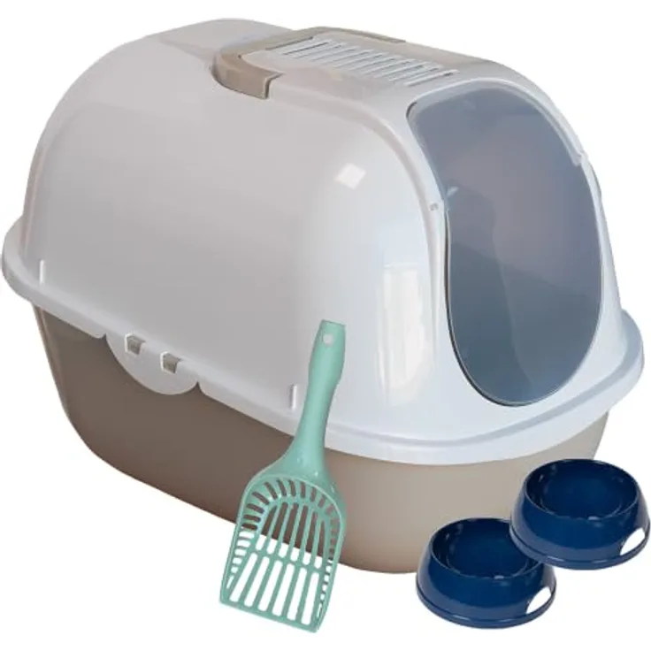 adena Katzentoilette Sondermodell 50, Katzenklo mit Haube in Hochglanz Weiß und graubeige, inkl. Schaufel, Filter und erhöhtem Eingang