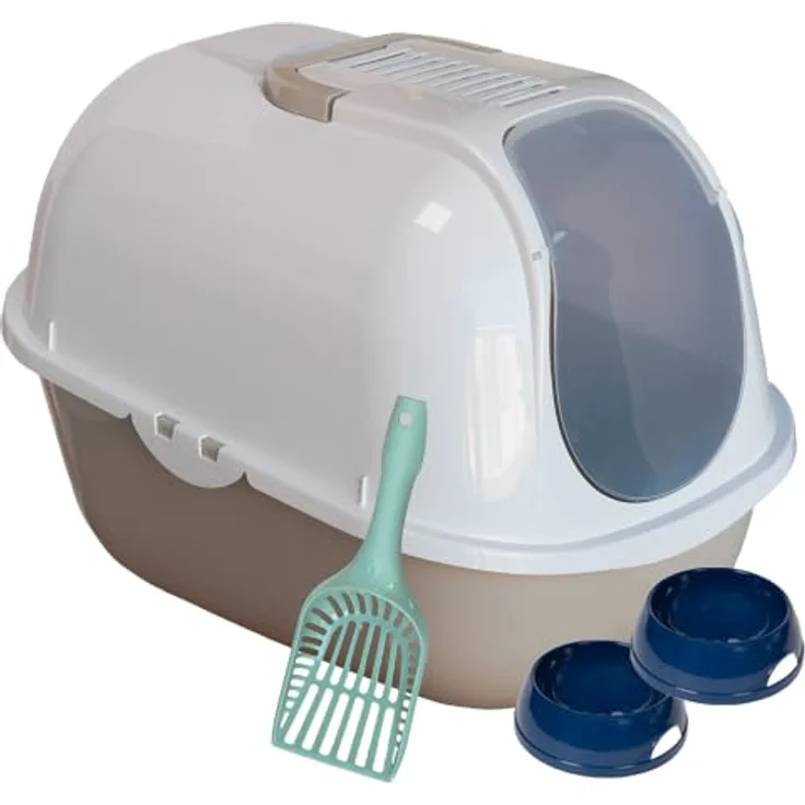 adena Katzentoilette Sondermodell 50, Katzenklo mit Haube in Hochglanz Weiß und graubeige, inkl. Schaufel, Filter und erhöhtem Eingang – Bild 1
