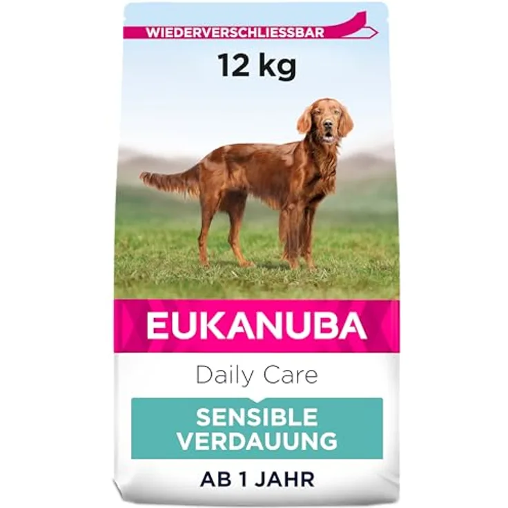 Eukanuba Daily Care Sensitive Digestion, Trockenfutter für Hunde mit sensibler Verdauung, Magenfreundlich mit leicht verdaulichem Reis, 12 kg