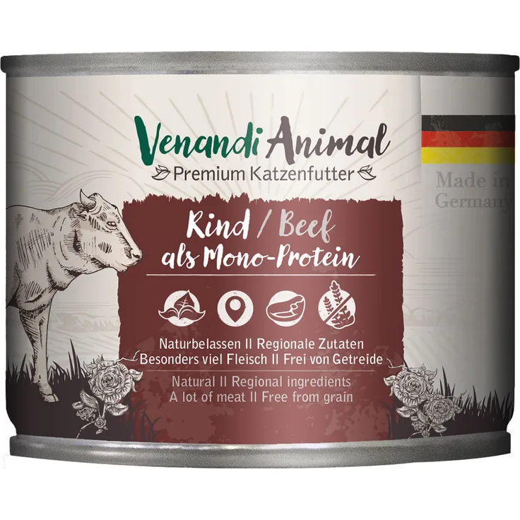 Venandi Animal Monoprotein Rind, Katzen-Nassfutter 6 x 200 g, getreidefrei und ohne Zuckerzusatz