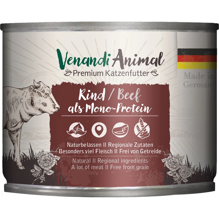 Venandi Animal Monoprotein Rind, Katzen-Nassfutter 6 x 200 g, getreidefrei und ohne Zuckerzusatz