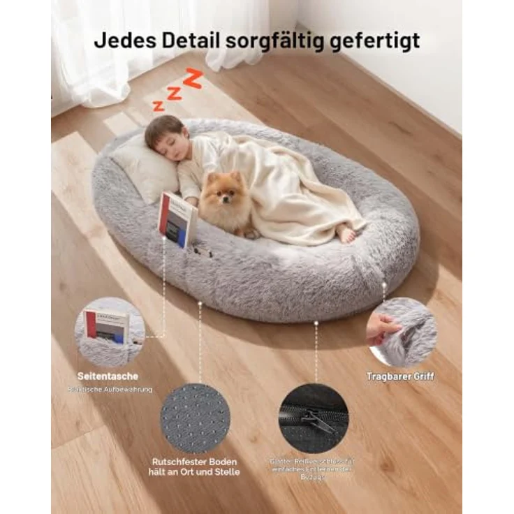 VEVOR Hundebett für Menschen & Hunde, 132x86x24 cm, Memory-Schaum mit abnehmbarem, waschbarem Bezug, grau, mit Seitentasche und rutschfester Unterseite – Bild 4