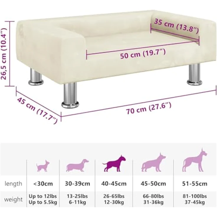 vidaXL Hundekorb Hundebett Creme 70x45x26,5 cm Samt Körbchen Hundesofa mit massivem Kiefernholzrahmen und verchromten Stahlfüßen – Bild 3