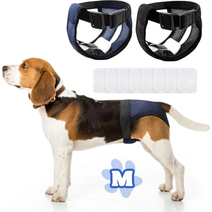 JUNUNDJING 2er Pack Wiederverwendbare Hundewindeln für Hündinnen, Verstellbare Läufigkeitshose mit 8 Damenbinden, Schwarz und Blau, Größe M