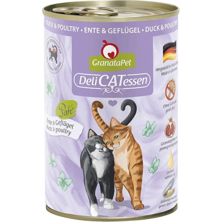 GranataPet DeliCATessen, Katzen-Nassfutter Dose Ente und Geflügel, 6x400g, getreidefrei, hoher Fleischanteil, mit Granatapfelkernen und wertvollen Ölen