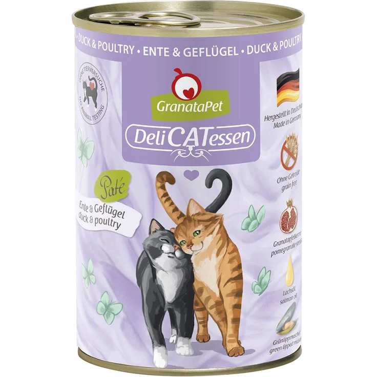 GranataPet DeliCATessen, Katzen-Nassfutter Dose Ente und Geflügel, 6x400g, getreidefrei, hoher Fleischanteil, mit Granatapfelkernen und wertvollen Ölen