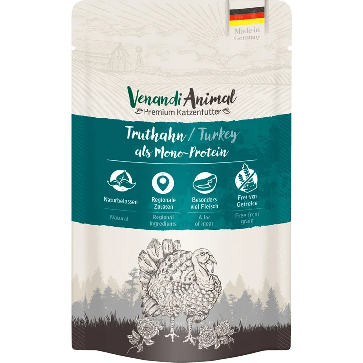 Venandi Animal Monoprotein 12 x 125 g, Katzen-Nassfutter mit hohem Fleischanteil, Truthahn, getreidefrei und ohne Zuckerzusatz