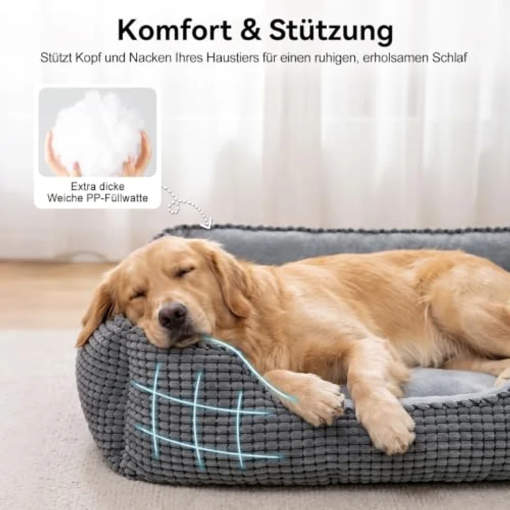 JOEJOY Hundebett M, Waschbarer Hundekorb mit erhöhtem Rand und rutschfester Unterseite, 63x53x20cm, Kord & Flanell – Bild 4