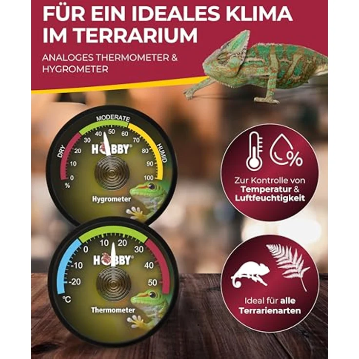 HOBBY Terraristik analoges Hygrometer & Thermometer, zur exakten Kontrolle der Luftfeuchtigkeit und Temperatur in Terrarien, selbstklebend, wartungsfrei – Bild 2