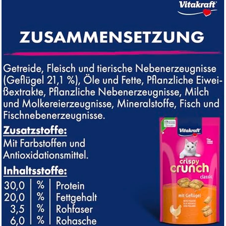 Vitakraft Crispy Crunch Classic, knuspriger Katzensnack gefüllt mit Geflügel, ohne Zucker, wiederverschließbarer Beutel, 60g – Bild 3