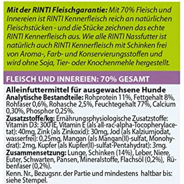 Rinti Kennerfleisch Schinken, Hunde-Nassfutter mit 800g Dosen, ohne künstliche Farbstoffe, mit Schwein – Bild 3