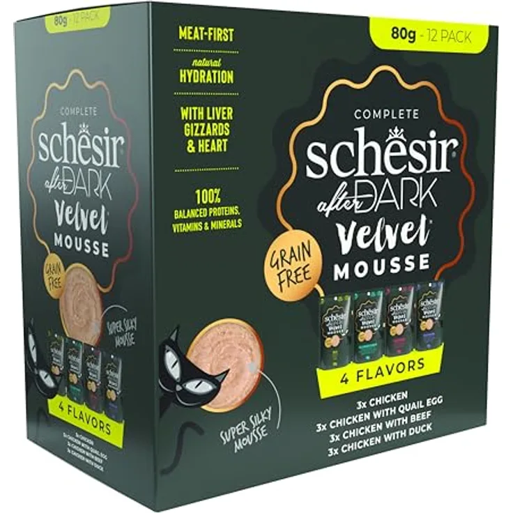 Schesir After Dark Velvet Mousse, Katzen-Nassfutter Mixpaket 12 x 80 g, getreidefrei, 4 Sorten mit hohem Fleischgehalt