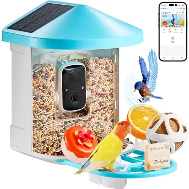 VEVOR Vogelfutterhaus mit 2K HD Kamera, KI Vogelerkennung für über 10.000 Vogelarten, solarbetrieben mit automatischer Aufnahme und Benachrichtigung, 2 Solarmodule – Bild 1