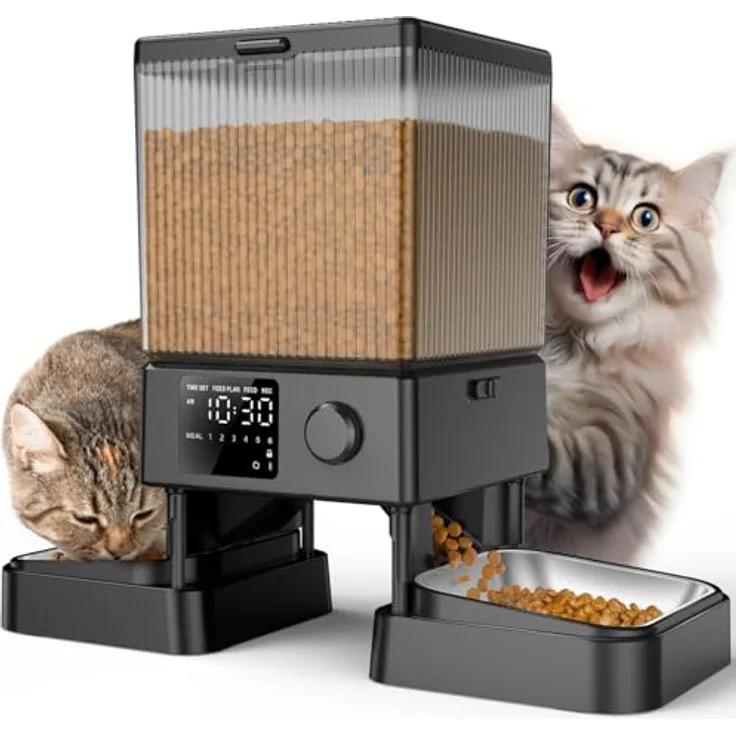 oneisall 5L Futterautomat für Katzen, Katzenfutterspender mit 2 Edelstahlnäpfen, Sprachaufnahme, Portionskontrolle und doppelte Stromversorgung