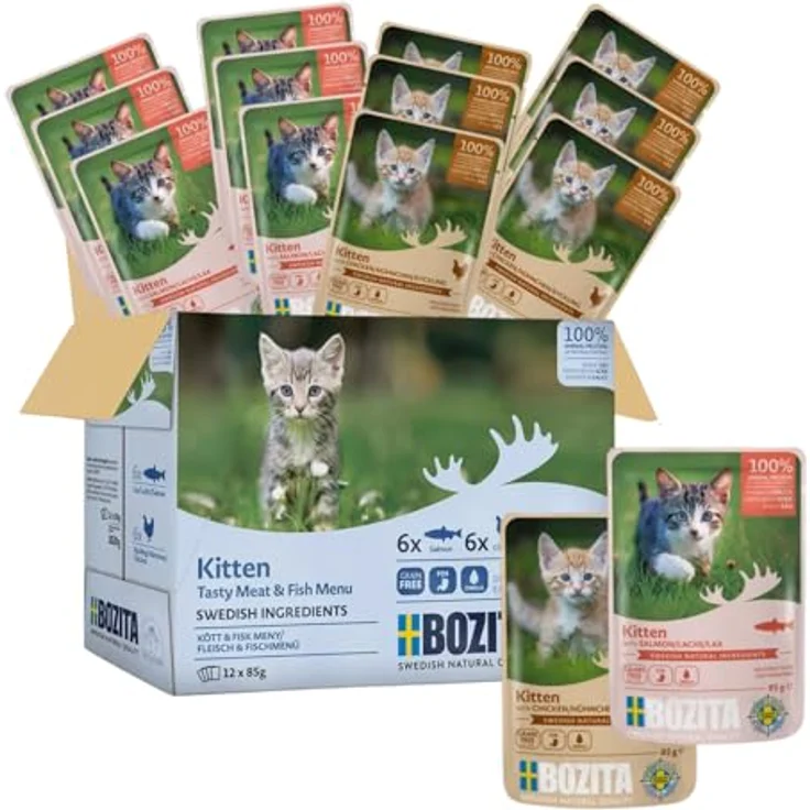 Bozita Nassfutter Häppchen in Sauce mit Fisch und Fleisch, 12x85g getreidefreies & weizenfreies Katzennassfutter für Adult-Katzen mit 8,5% Protein & 4,5% Fettgehalt – Bild 2
