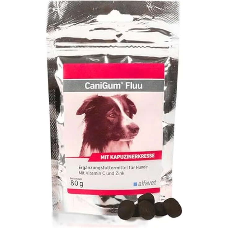 Alfavet CaniGum Fluu, Ergänzungsfuttermittel für Hunde zur Unterstützung der Abwehrkräfte, mit Kapuzinerkresse, Vitamin C, Zink und B-Vitaminen, 80g Beutel (ca. 40 Kaudrops)