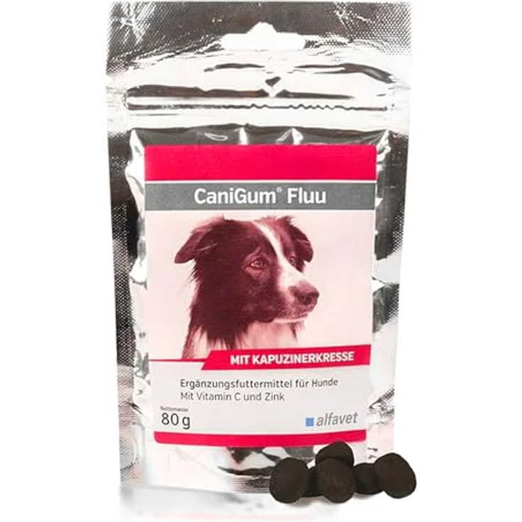 Alfavet CaniGum Fluu, Ergänzungsfuttermittel für Hunde zur Unterstützung der Abwehrkräfte, mit Kapuzinerkresse, Vitamin C, Zink und B-Vitaminen, 80g Beutel (ca. 40 Kaudrops) – Bild 1