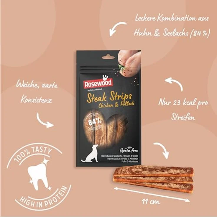 Rosewood Steak Strips Huhn & Seelachs – Weiche Hundesnacks, 63% Huhn, 21% Seelachs, fettarm, ohne Getreide, 100 g – Bild 3