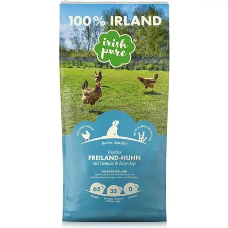 Irish Pure Welpenfutter Trockenfutter | 12kg | Freiland-Huhn, Kelp-Alge & Gemüse | Hoher Fleischanteil | Getreidefrei | Sensitiv | Für alle Rassen
