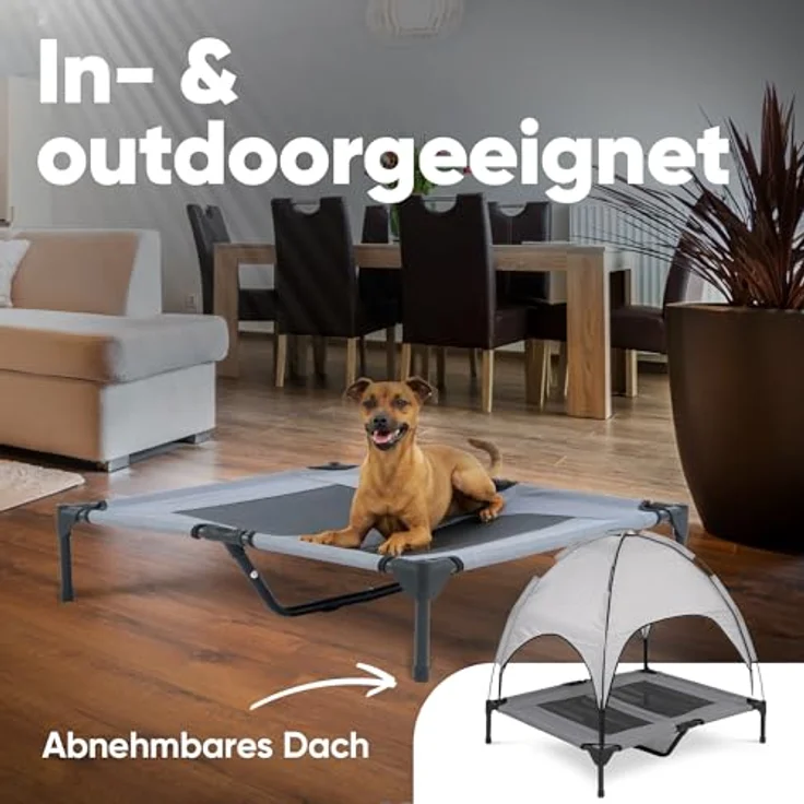 Deuline Hundeliege mit Dach, erhöhtes Hundebett für Garten und Outdoor, L-91x76x18/90cm, grau, atmungsaktiv und tragbar – Bild 5