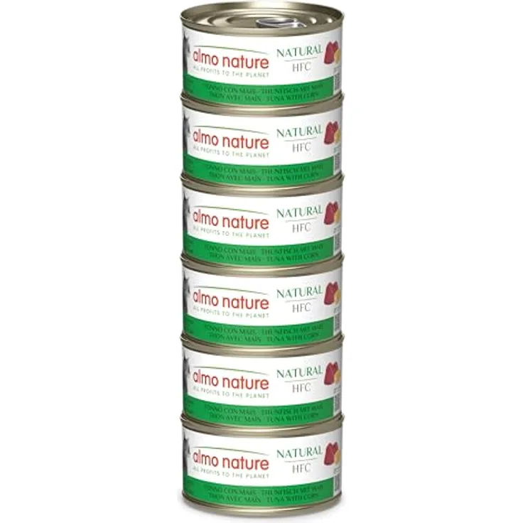 Almo Nature HFC Natural, Nassfutter für ausgewachsene Katzen, Thunfisch & Mais, Human Grade, glutenfrei, 6 x 70g